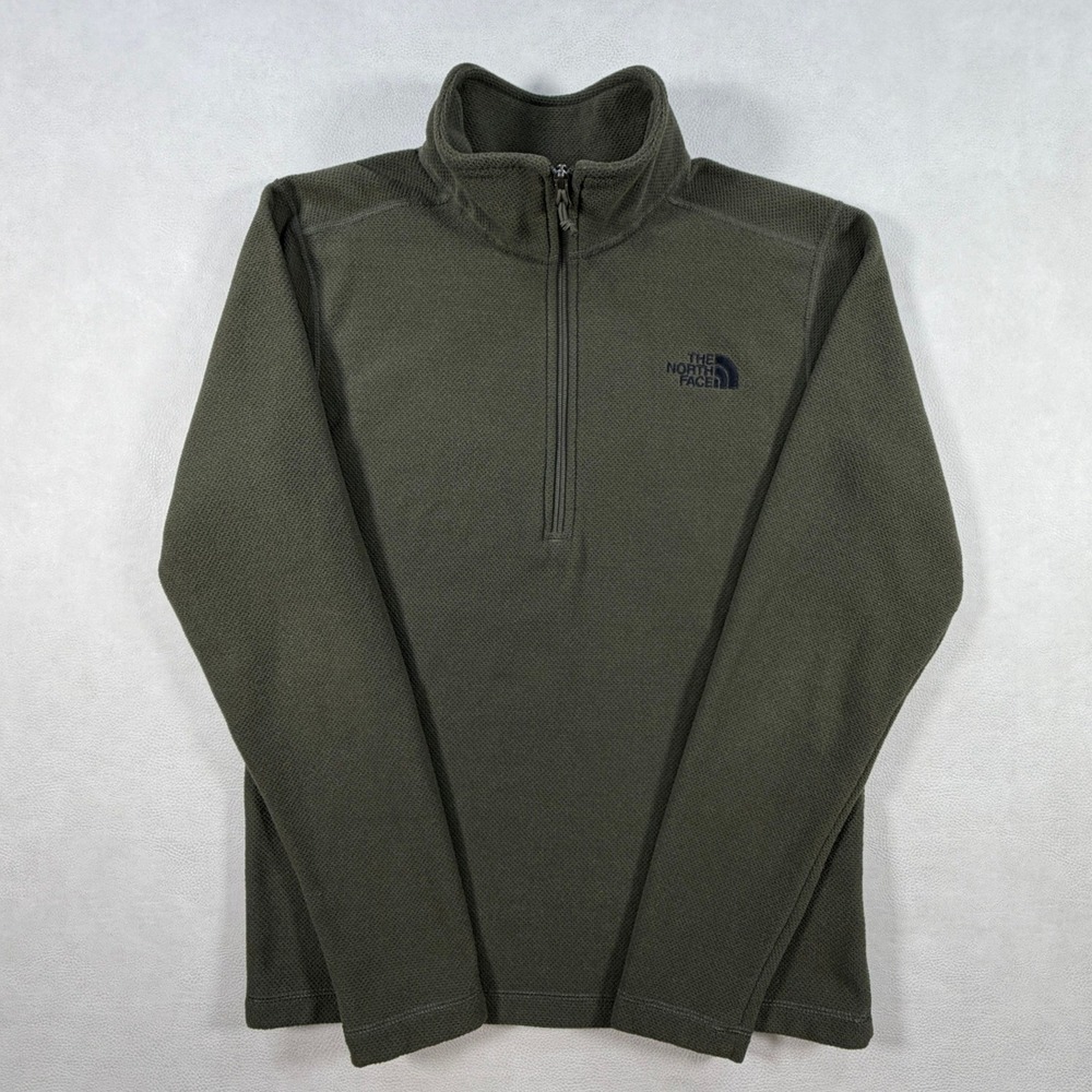 The North Face Mens Small Quarter Zip Fleece Pullover Olive Green Grid Textured